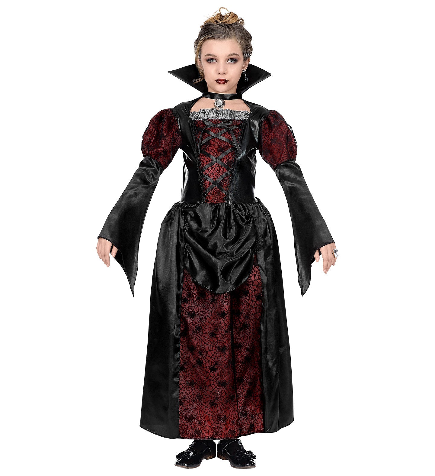 Girl in red and black vampire queen costume with cape and crown.