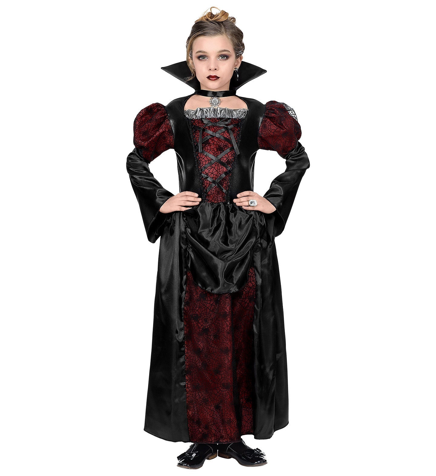 Girl in red and black vampire queen costume with cape and crown.