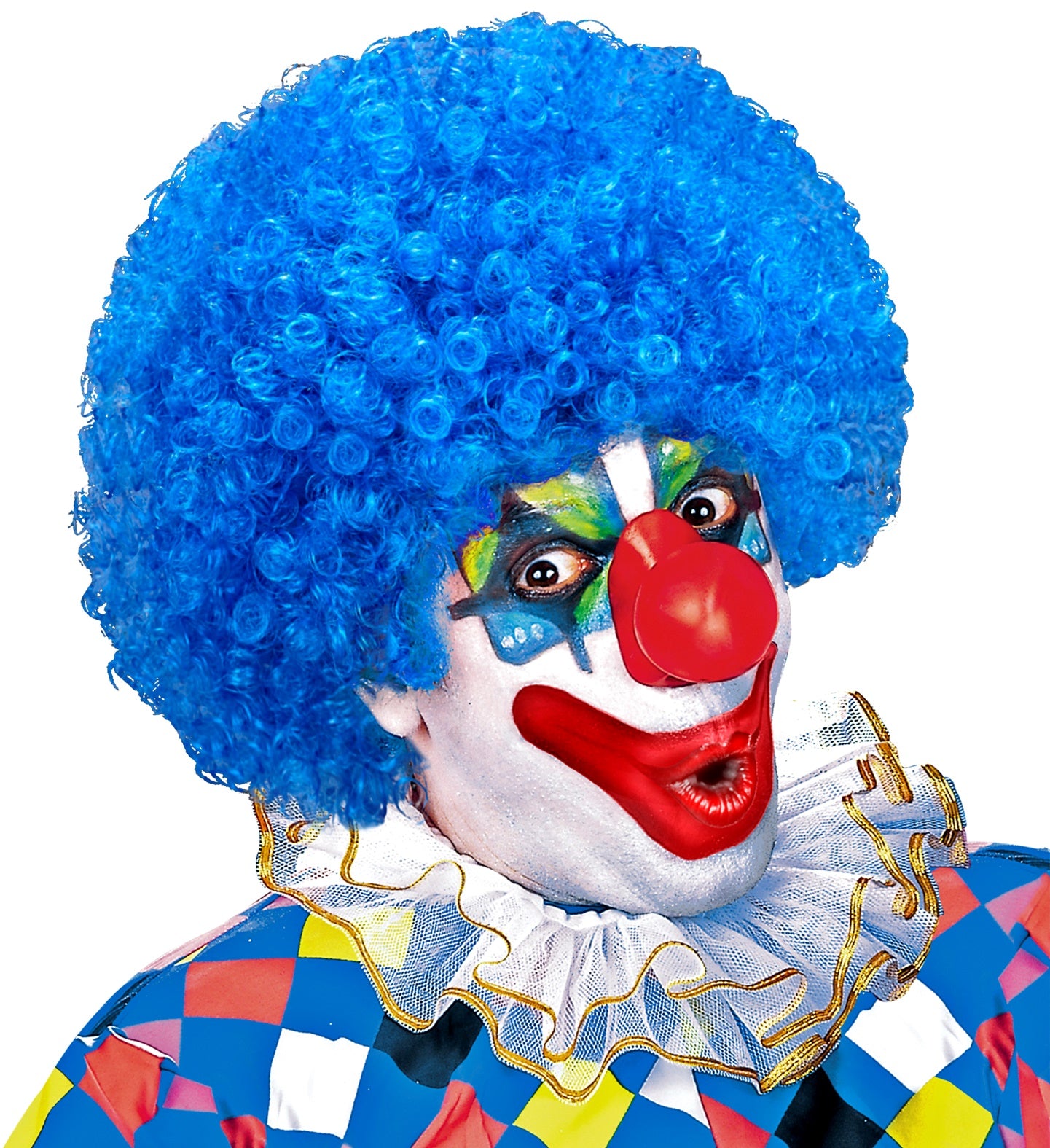 Blaue Afro-Clownperücke mit lockigen Haaren aus synthetischem Material für Karneval.