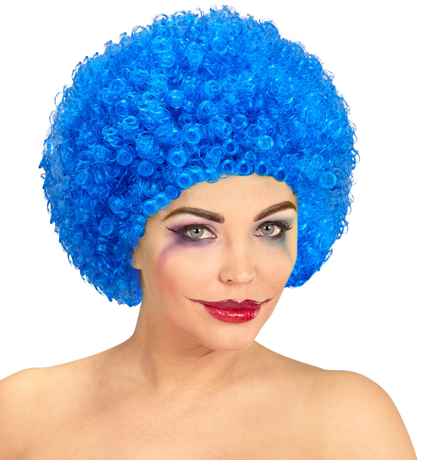 Blaue Afro-Clownperücke mit lockigen, lebhaften Haaren für Partys und Karneval.
