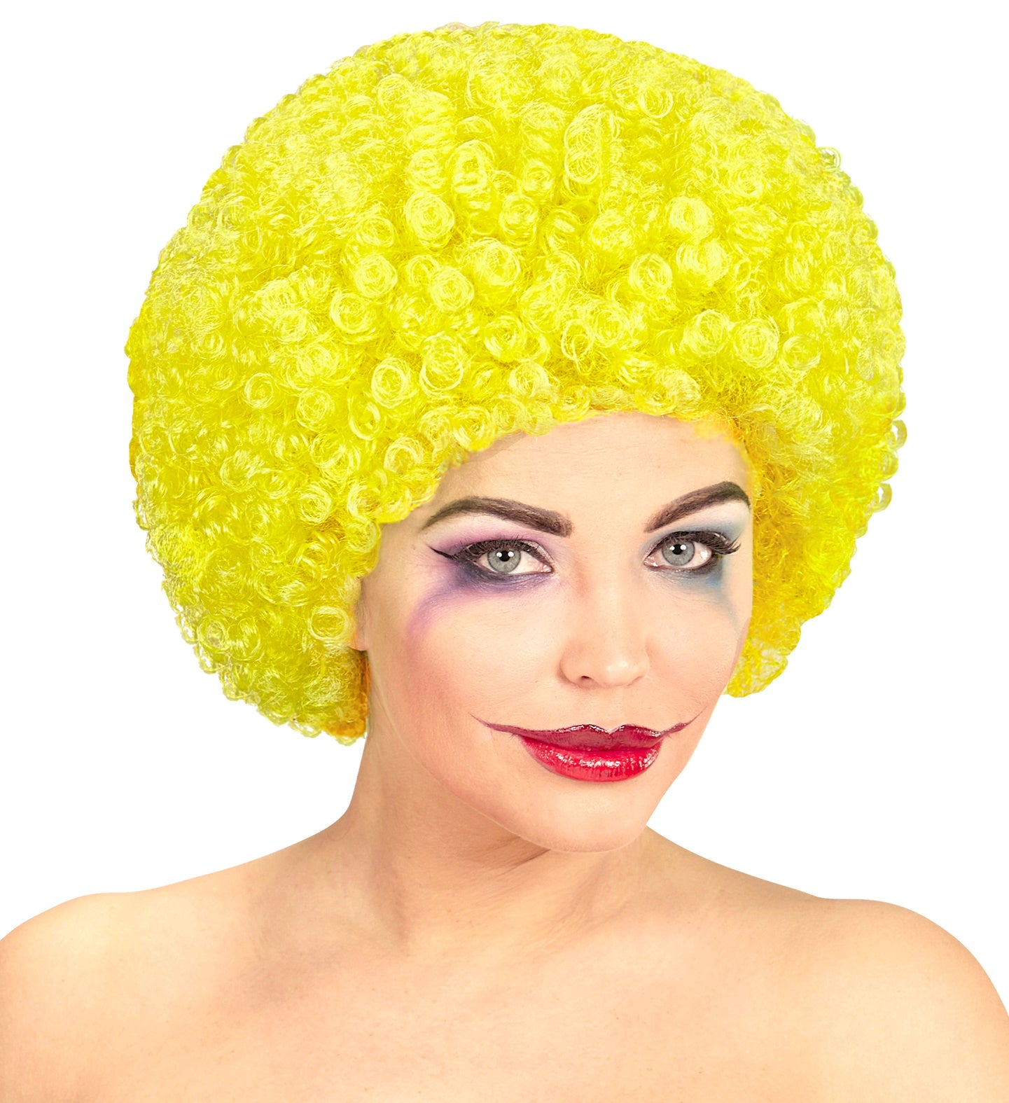 Leuchtend gelbe Neon-Clown Afro-Perücke mit elastischem Bund und atmungsaktivem Innenfutter.