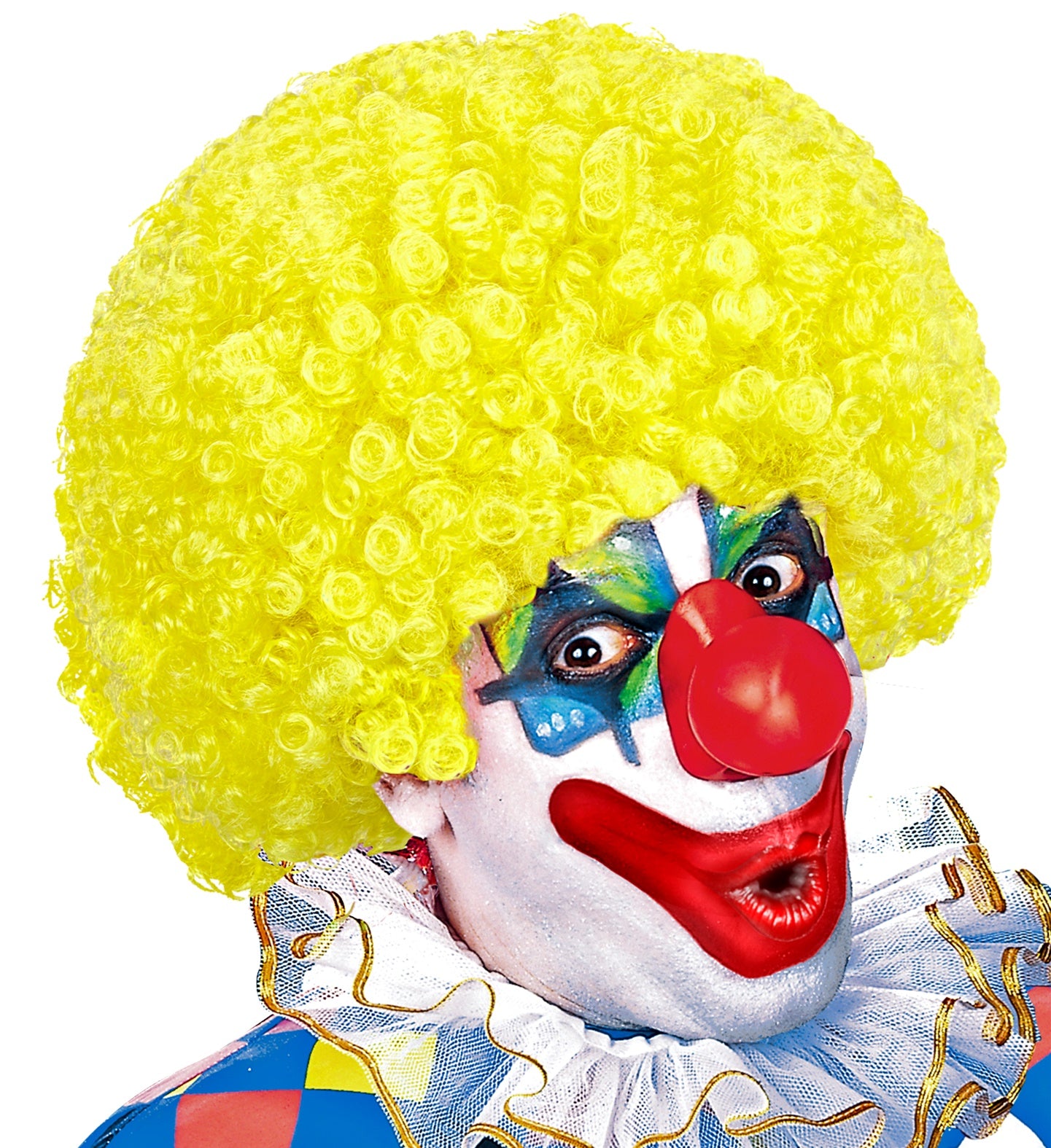 Neon-gelbe Clown-Afro-Perücke aus synthetischen Fasern mit elastischem Rand.
