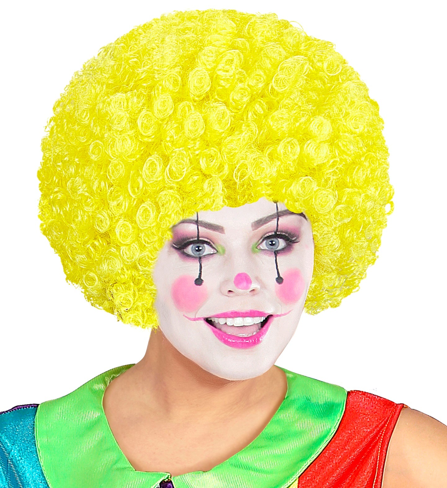 Neon-gelbe Clown-Afro-Perücke mit leichten, atmungsaktiven synthetischen Fasern.