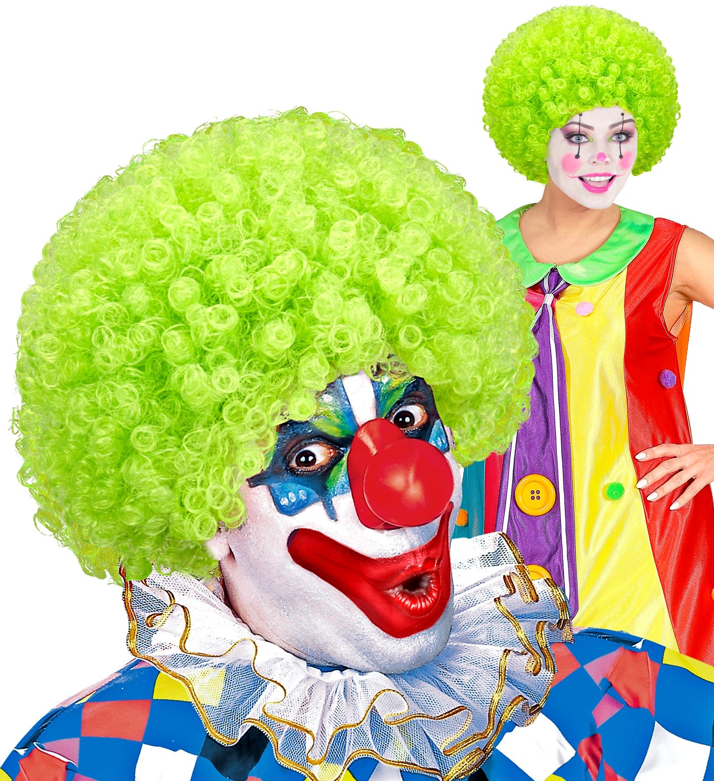 Leuchtend grüne Afro-Perücke mit voluminösen Locken für Clownkostüme und Partys