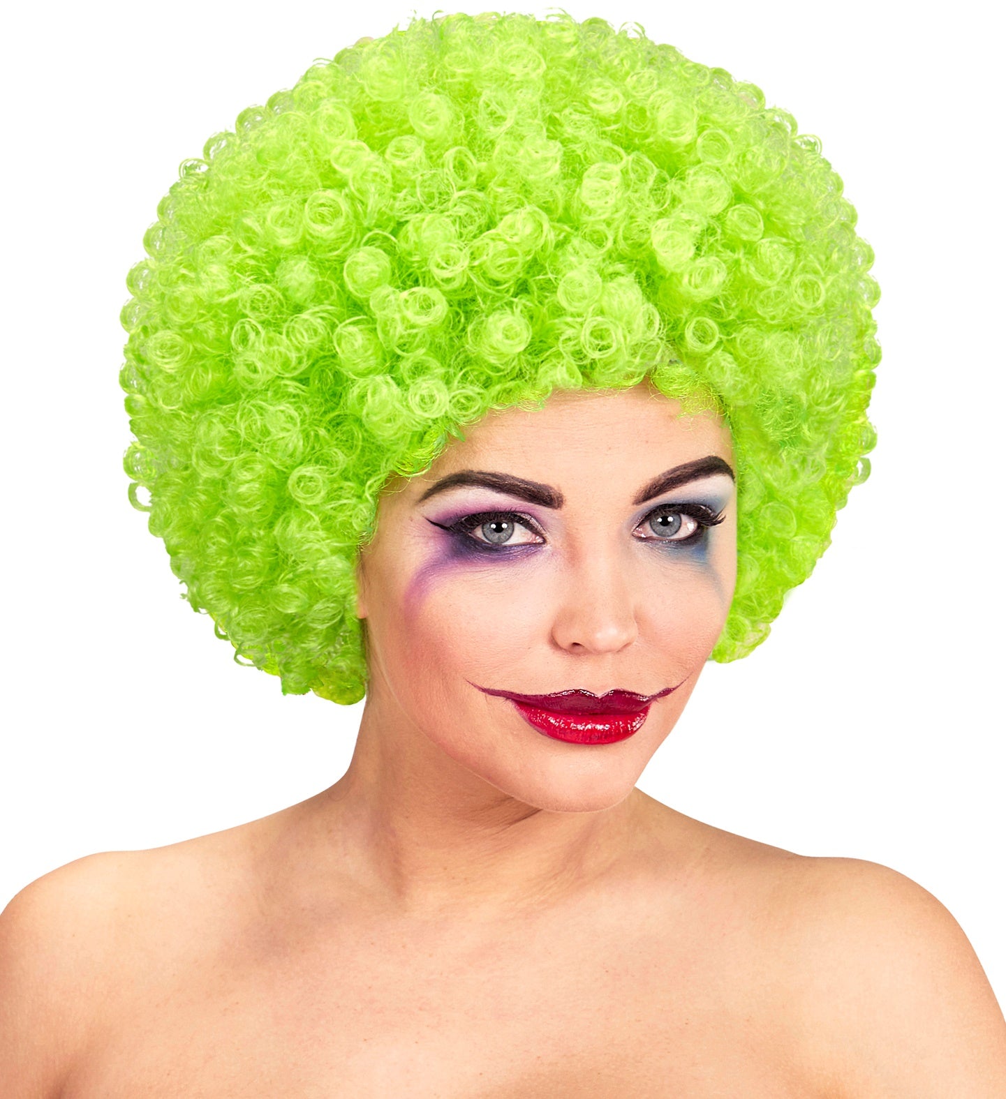 Grüne Afro Perücke mit voluminösen Locken für Clownkostüme und Partys.