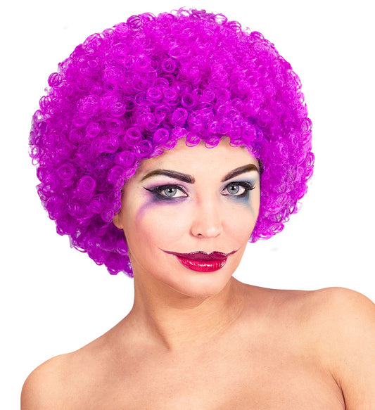 Lila Afro-Clownperücke mit lockigen, voluminösen Haaren für Karneval und Halloween.