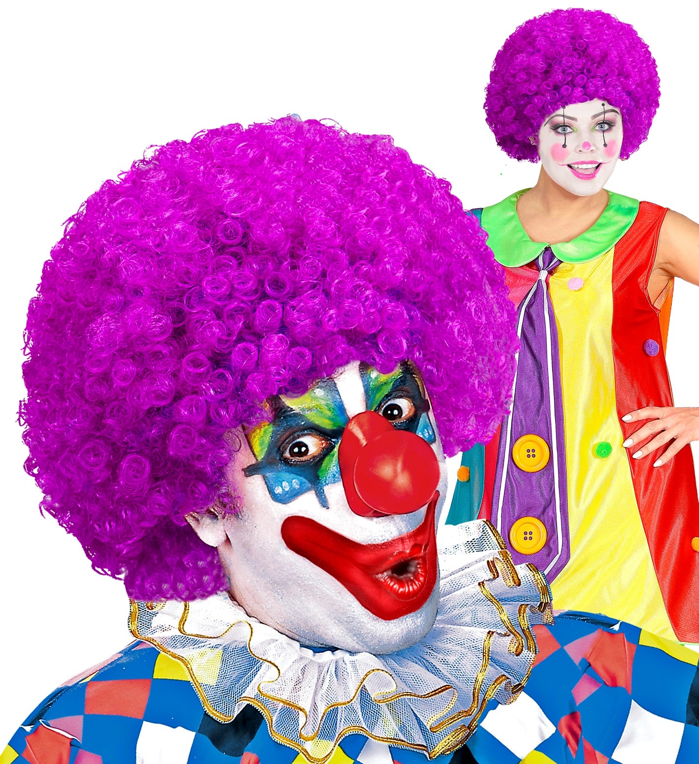 Lila Afro-Wig mit lockigen Haaren, ideal für Karneval und Halloween.