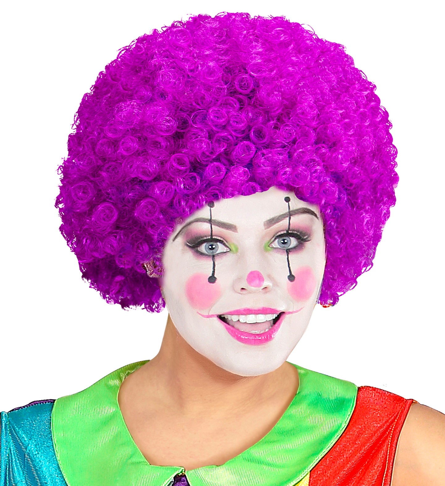 Lila Afro-Clownperücke mit voluminösen Locken, ideal für Karneval und Halloween.