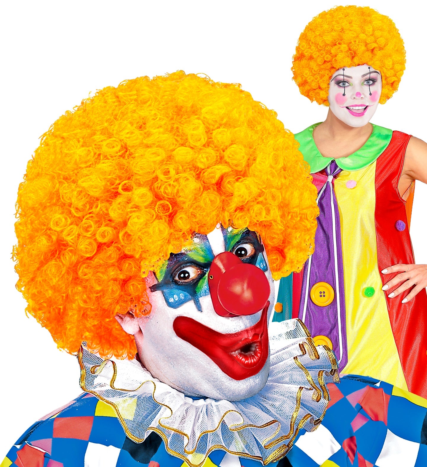 Leuchtend orangefarbene Afro-Clownperücke aus Kunsthaar für Erwachsene mit voluminösem Look.