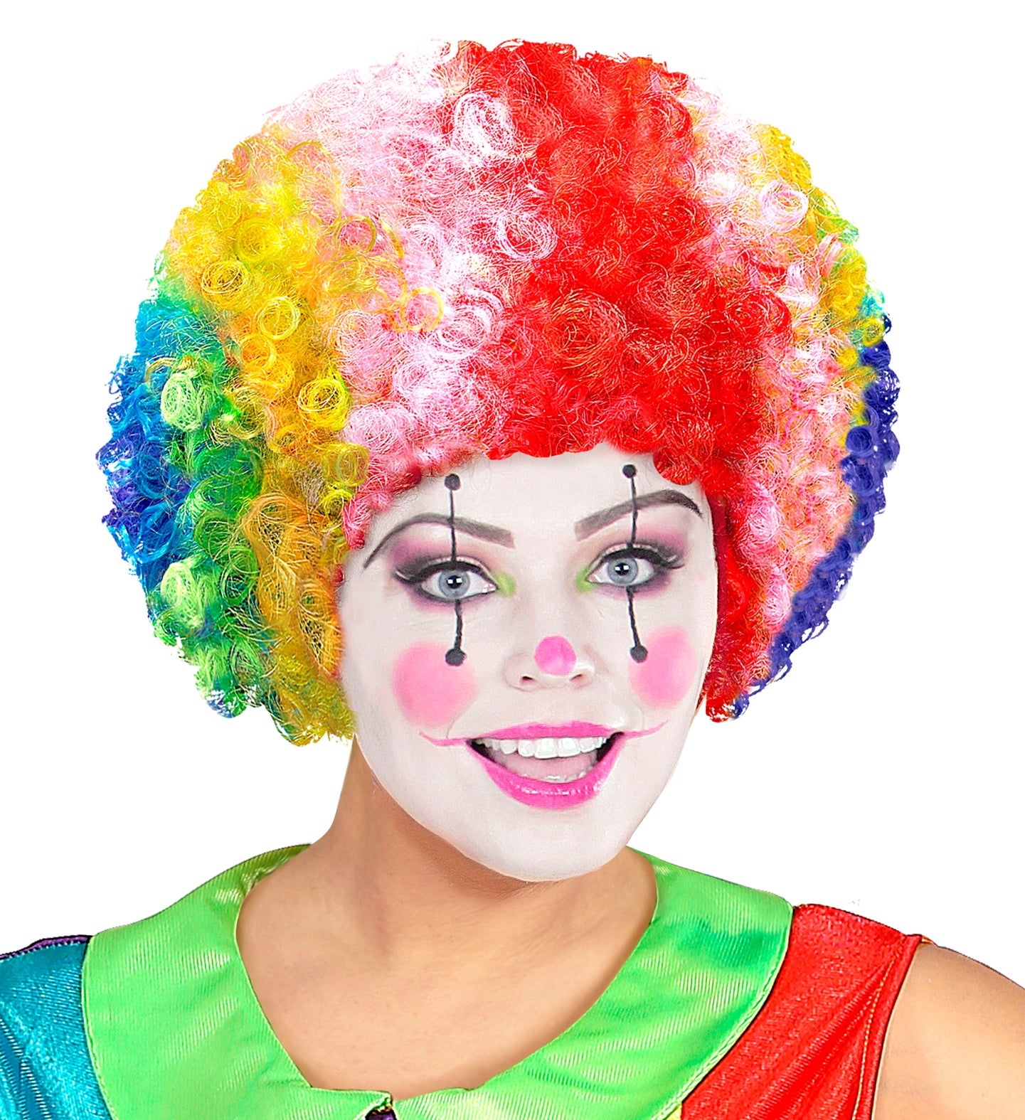 Bunte Afro-Perücke in Regenbogenfarben für Clowns und Kostümpartys.