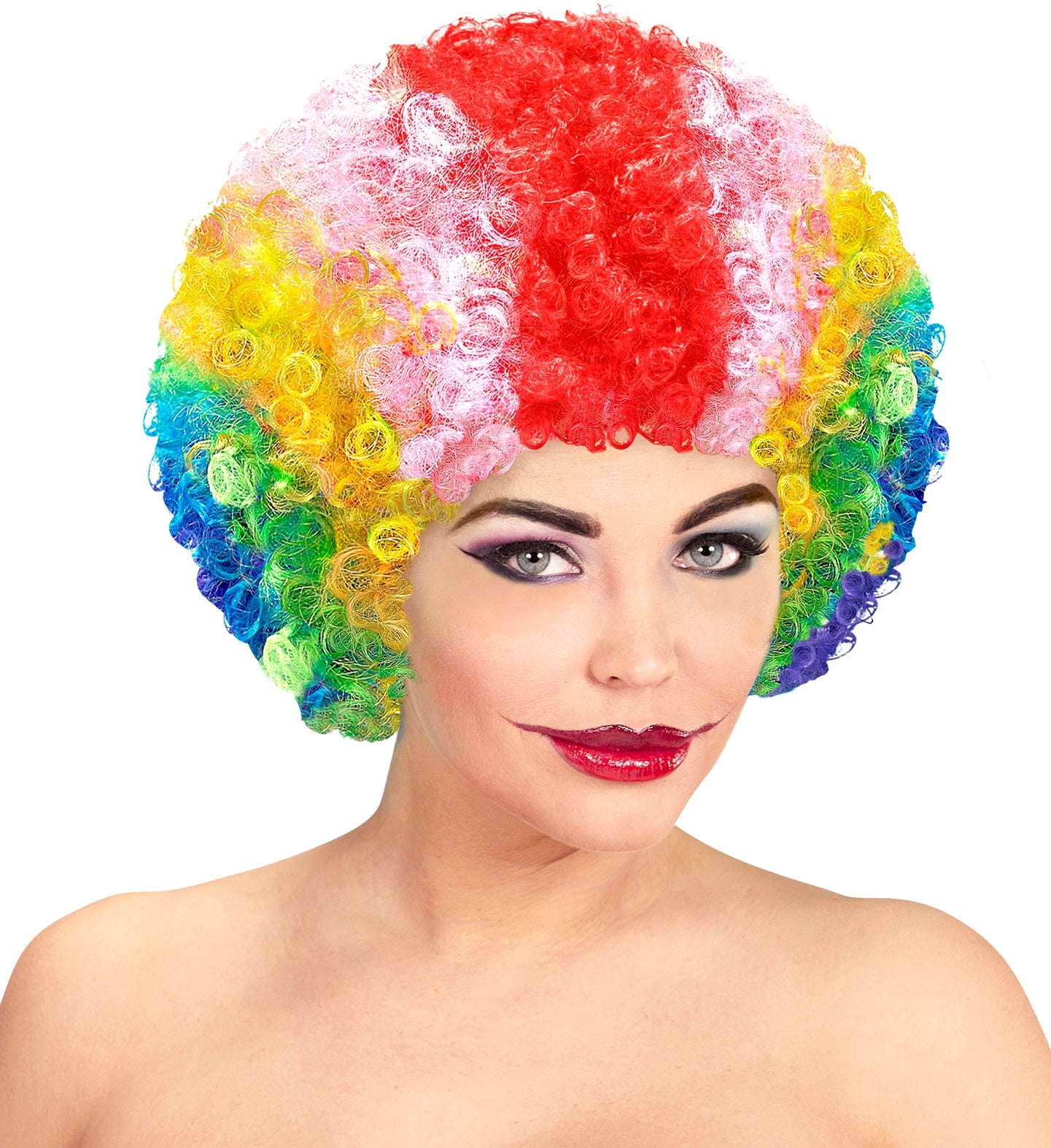 Bunte Afro-Perücke in Regenbogenfarben für Clowns und Kostümpartys.