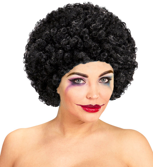 Schwarze, zerzauste Afro-Clown-Perücke aus synthetischem Haar mit unordentlichem Pony