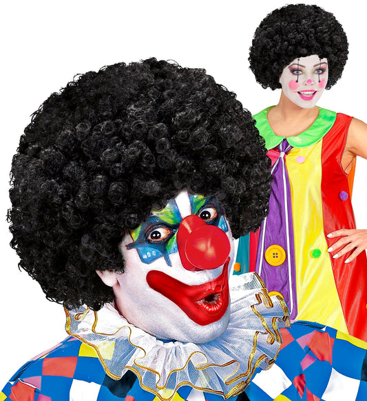 Schwarze, wuschelige Afro-Perücke für Clowns mit unordentlichem Schnitt und elastischem Netz.
