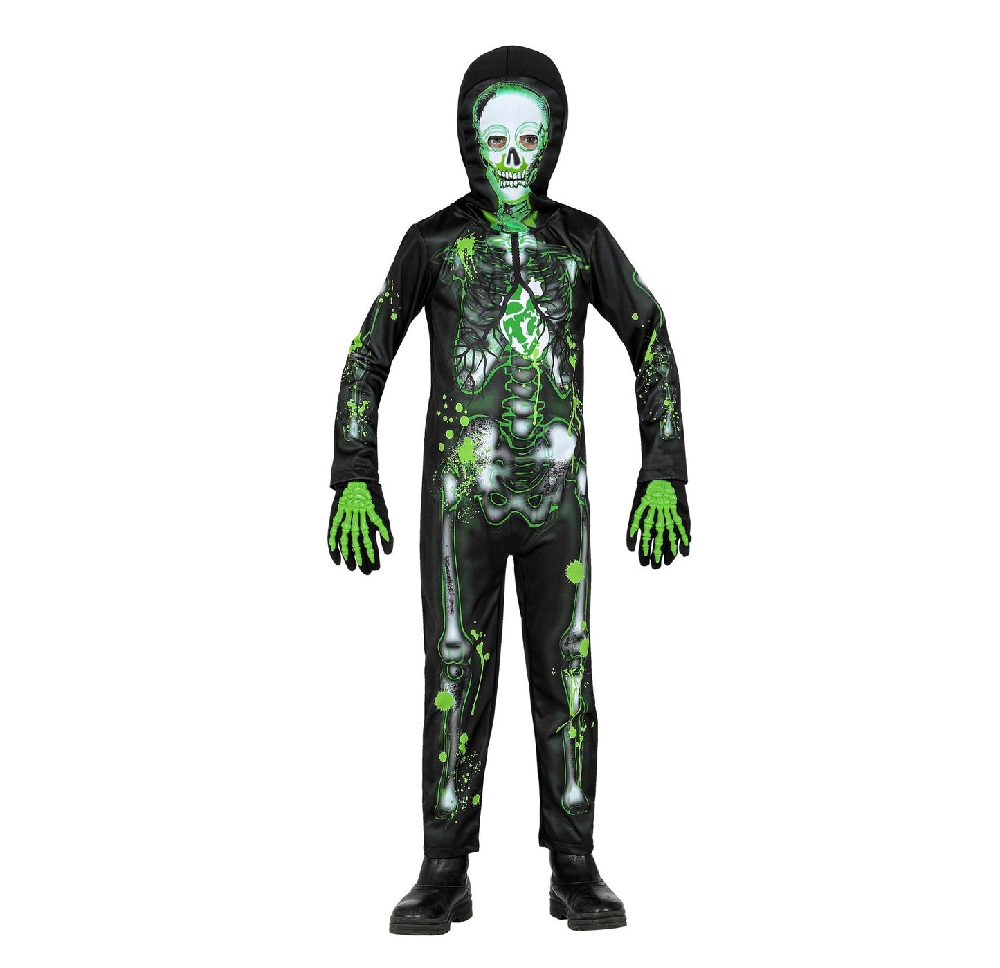 Schwarzer Overall mit weißem Skelettdruck und grüner Zombie-Maske für Kinderkostüm