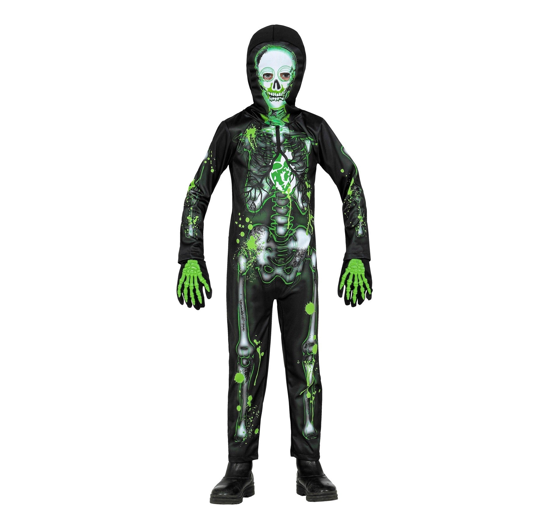 Schwarzer Overall mit weißem Skelettdruck und grüner Zombie-Maske für Kinderkostüm