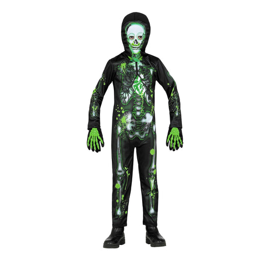 Schwarzer Overall mit weißem Skelettdruck und grüner Zombie-Maske für Kinderkostüm