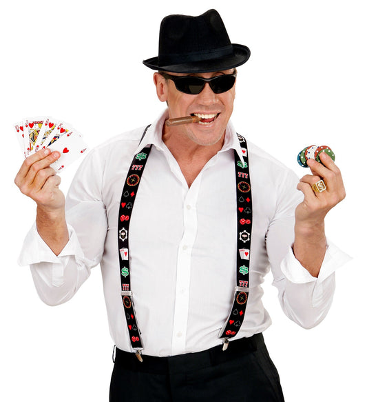 Adjustable black suspenders with colorful poker card motifs and metal clips.