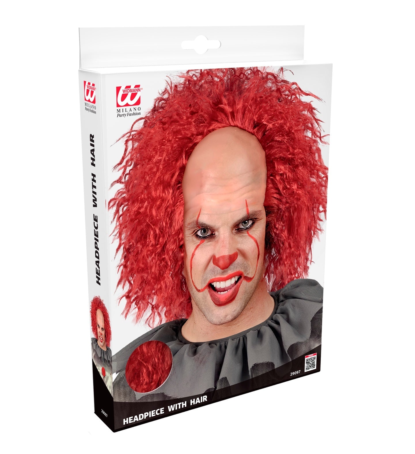 Widmann Vintage Horror Clown Perücke mit roten synthetischen Haaren auf einem weißen Hintergrund.