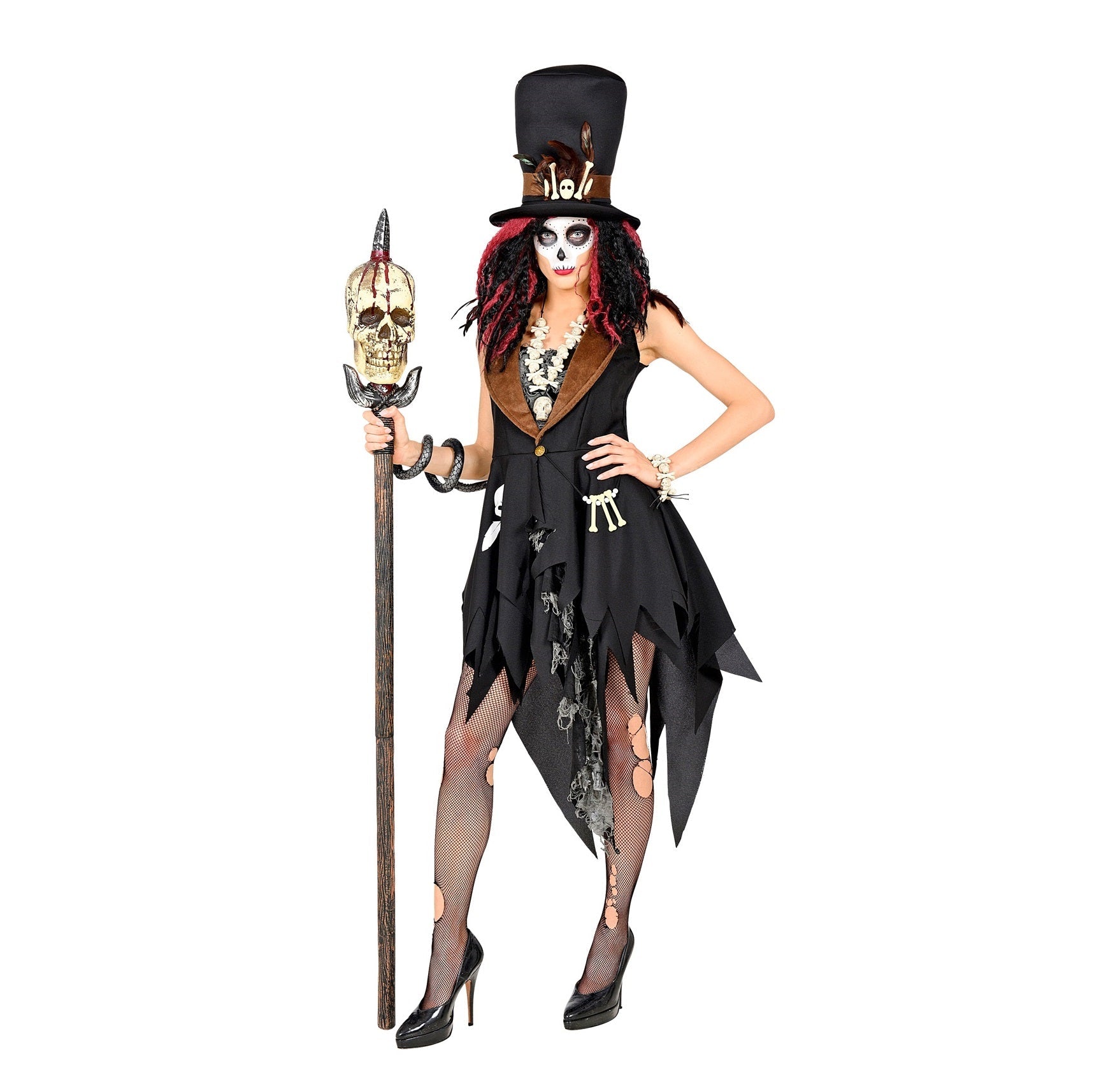 Damenkostüm Voodoo Priesterin mit schwarzem Kleid und passendem breitkrempigen Hut
