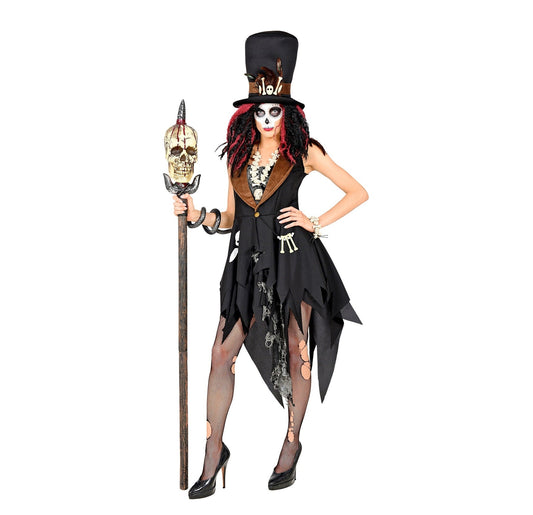 Damenkostüm Voodoo Priesterin mit schwarzem Kleid und passendem breitkrempigen Hut
