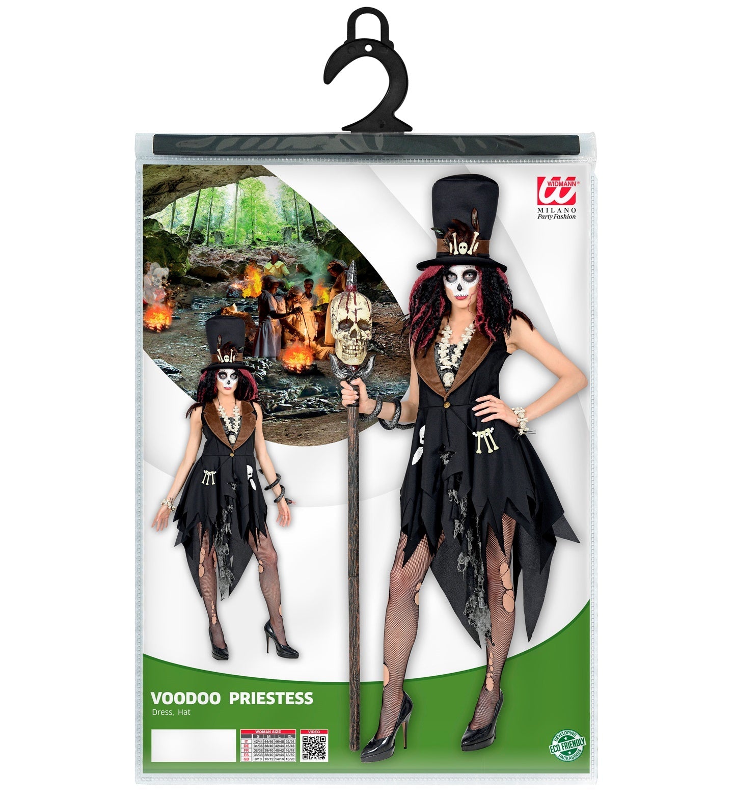 Schwarzes Damenkostüm mit Tribal-Muster, weitkrempigem Hut und ausgefranstem Saum.