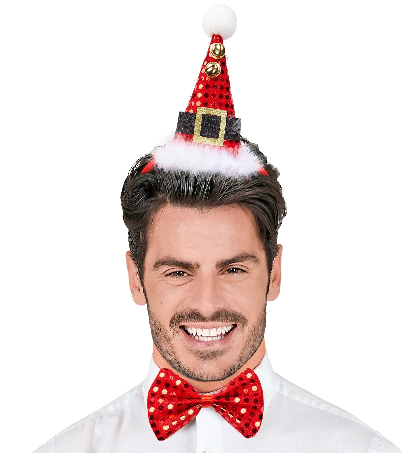 Blaues Weihnachts-Stirnband mit Paillettenmütze und klingelnden Glöckchen, festlich und leicht