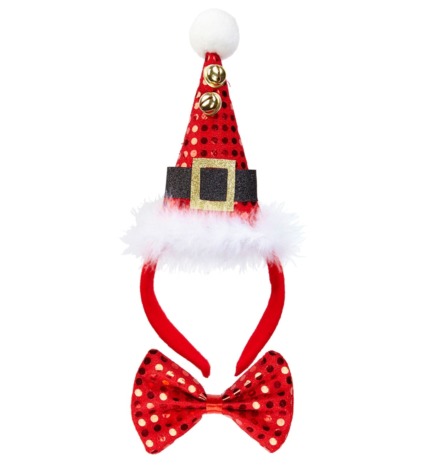 Blaue Weihnachtskopfbedeckung mit Pailletten und klingenden Glöckchen auf einem elastischen Band.