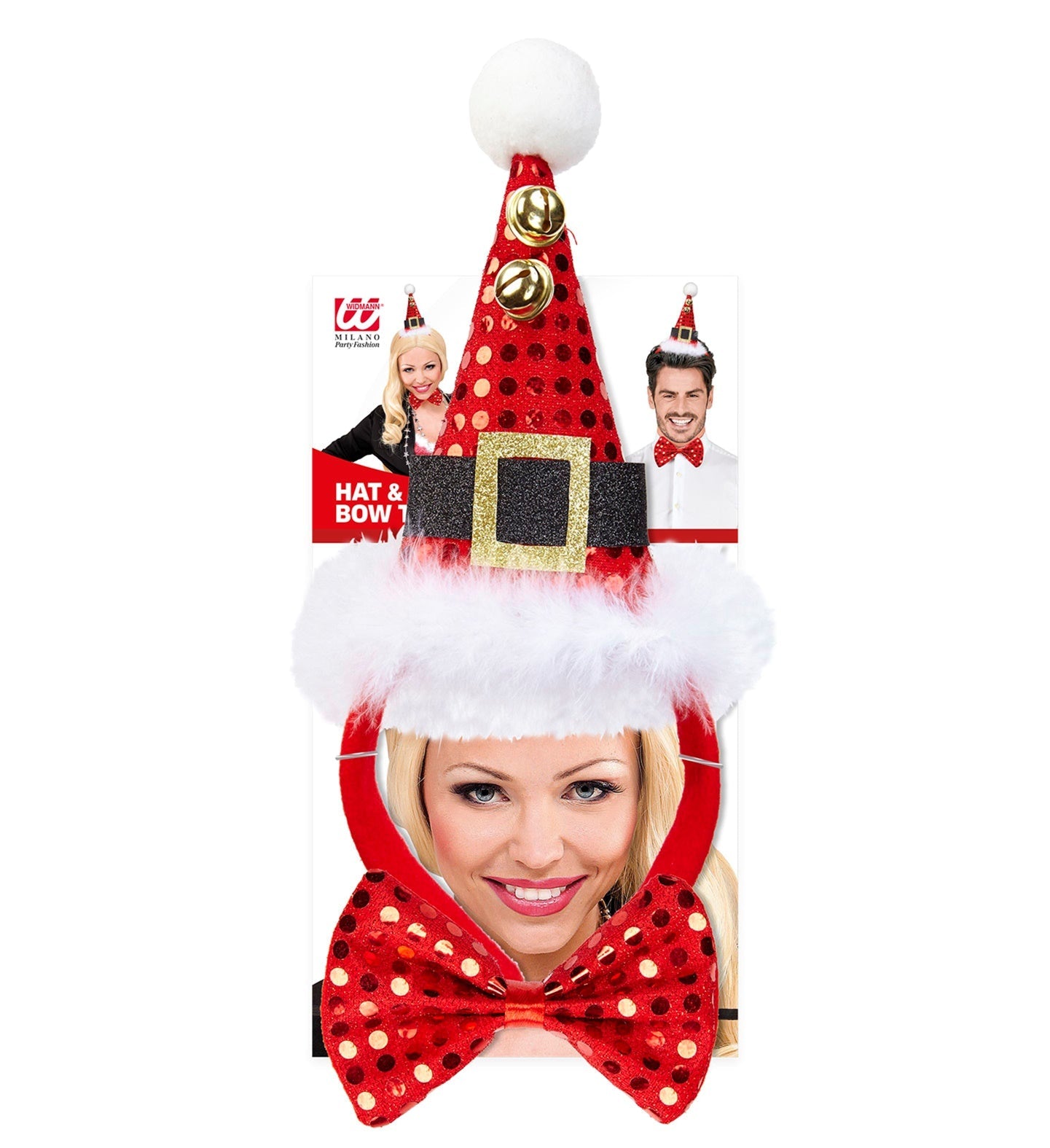 Blaues Weihnachts-Stirnband mit Paillettenmütze und klingelnden Glöckchen für festliche Stimmung