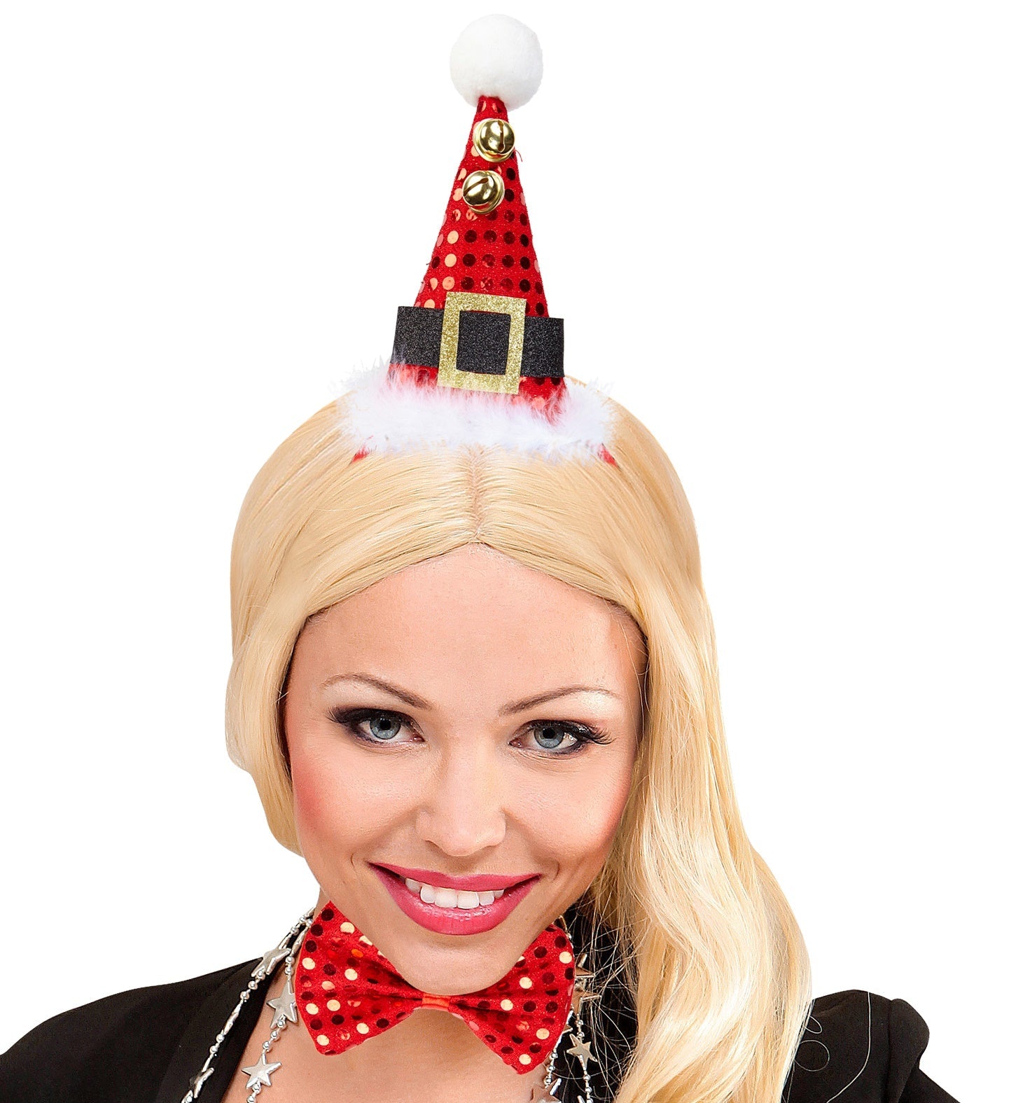 Blaue Weihnachtskopfbedeckung mit Pailletten und klingenden Glöckchen auf einem elastischen Band.