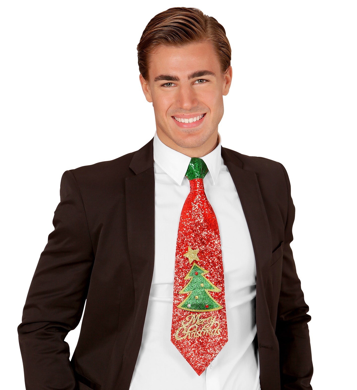 Rote und grüne Glitzernecktie mit "Merry Christmas"-Schriftzug auf glattem Polyester.