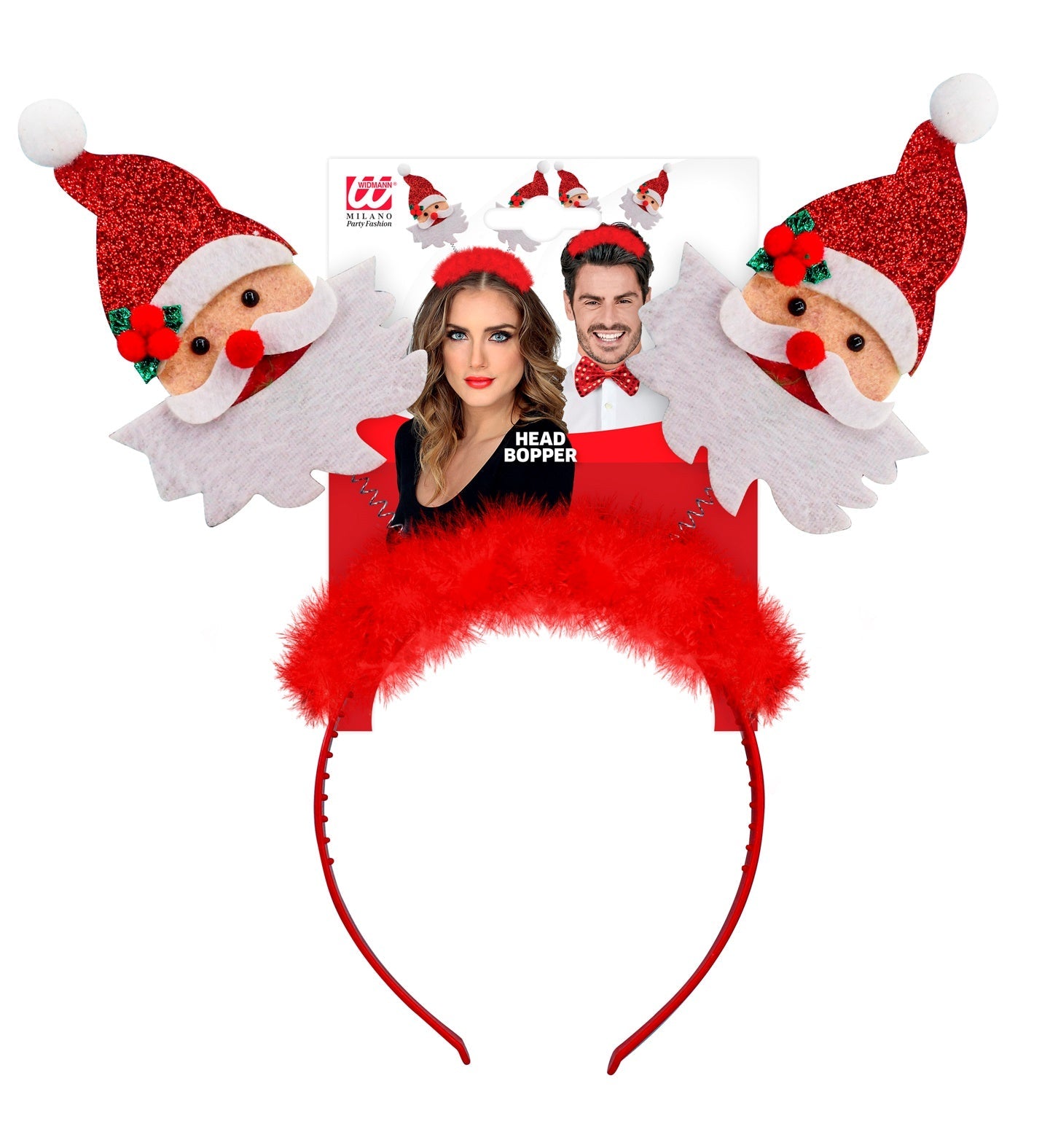 Rotes und weißes Weihnachts-Haarband in Form eines Santa-Huts auf einem neutralen Hintergrund.