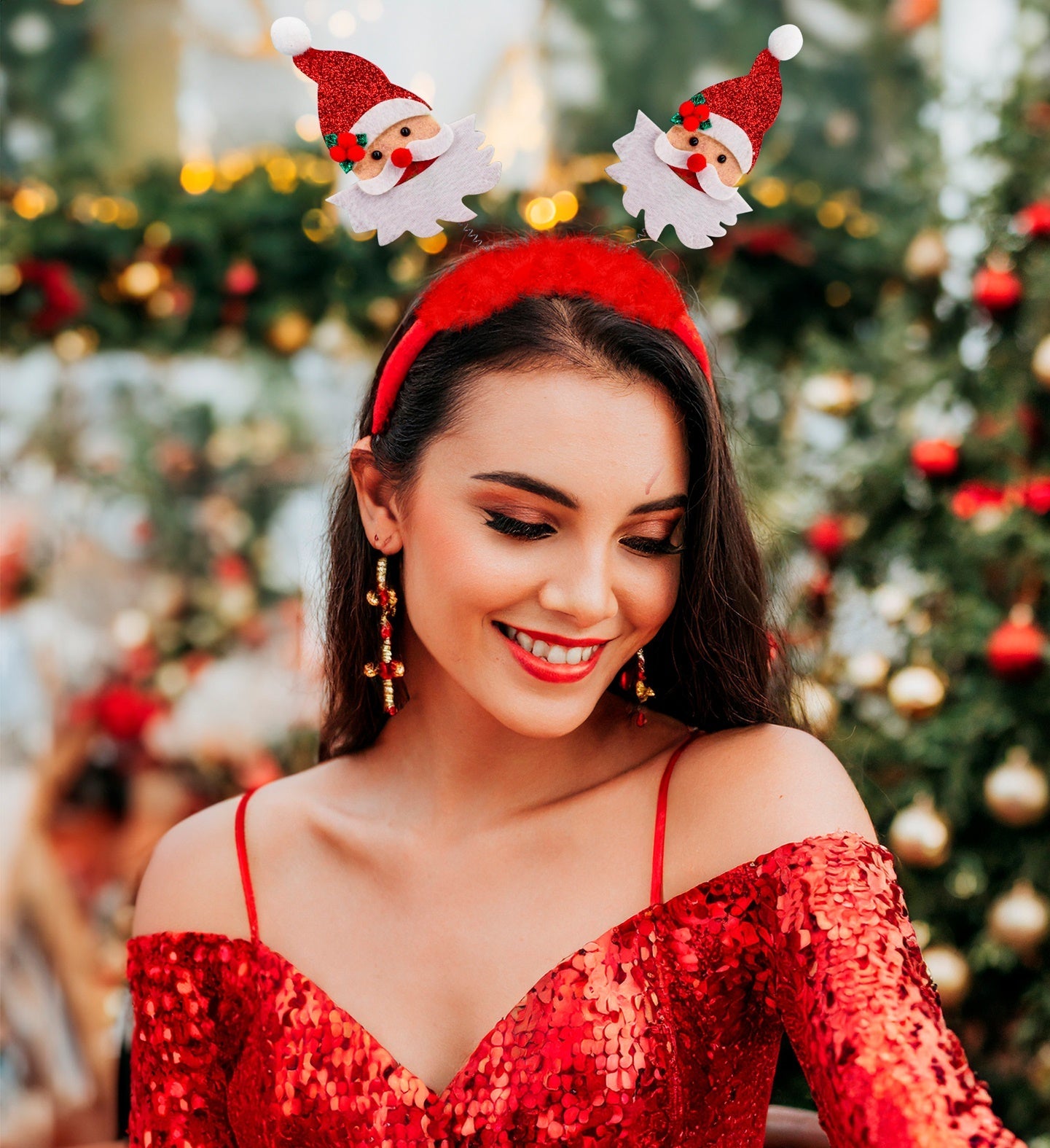 Rote und weiße Weihnachts-Haarband in Form eines Santa-Hutes, weich und flexibel.