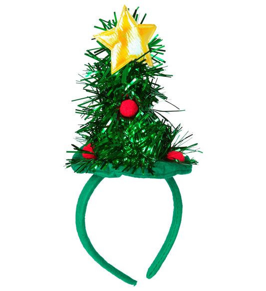 Grünes Mini-Weihnachtsbaum-Haarreif mit silbernem Lametta und schwarzem Band für Erwachsene.