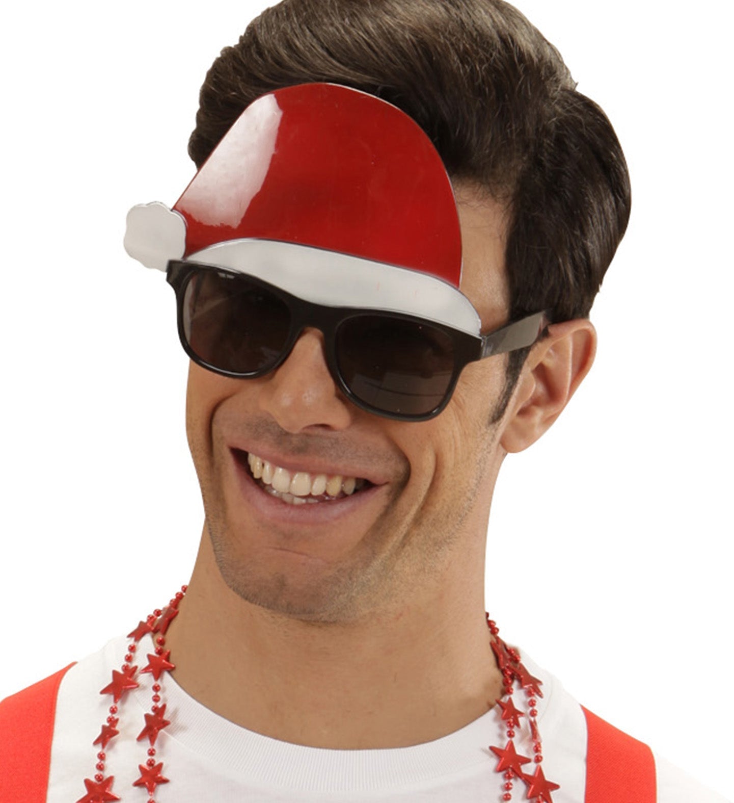 Weihnachtsmannbrille mit rotem Filzhut und silbernem Schriftzug als lustiges Kostümaccessoire