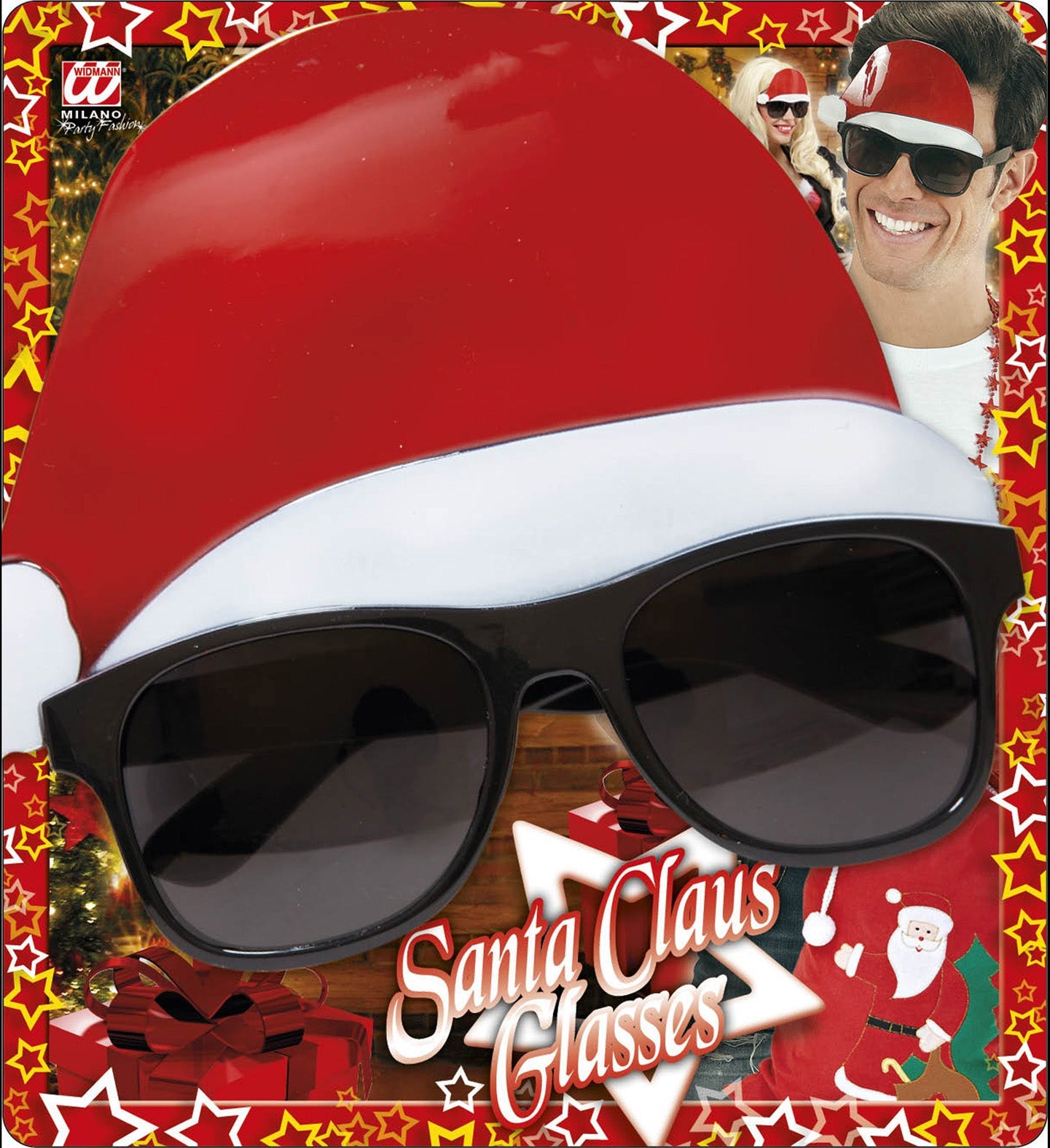 Weihnachtsmannbrille mit rotem Filzhut und silbernem Glitzerschriftzug als Kostümaccessoire