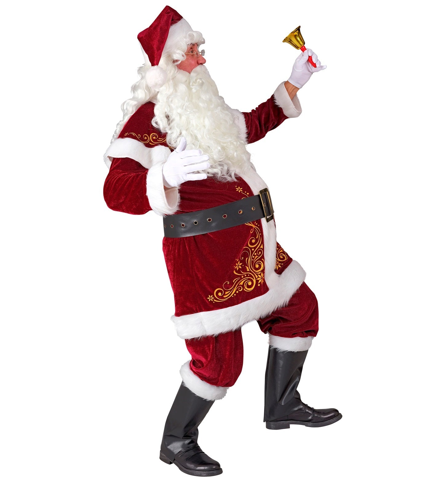 Weihnachtsmann Kostüm mit rotem Mantel, Hose, Gürtel und schwarzen Stiefelüberziehern.