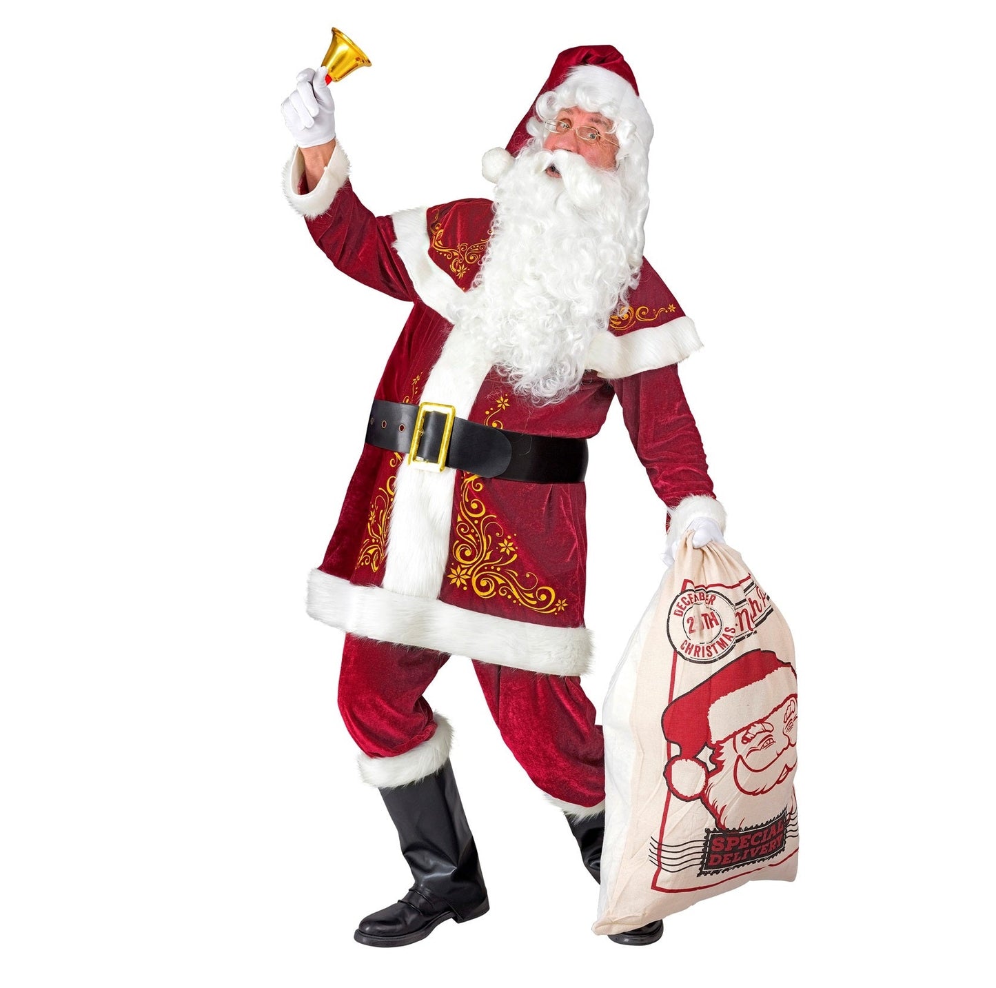 Rotes Weihnachtsmannkostüm mit Mantel, Hose, schwarzem Gürtel und Stiefelüberziehern aus Polyester