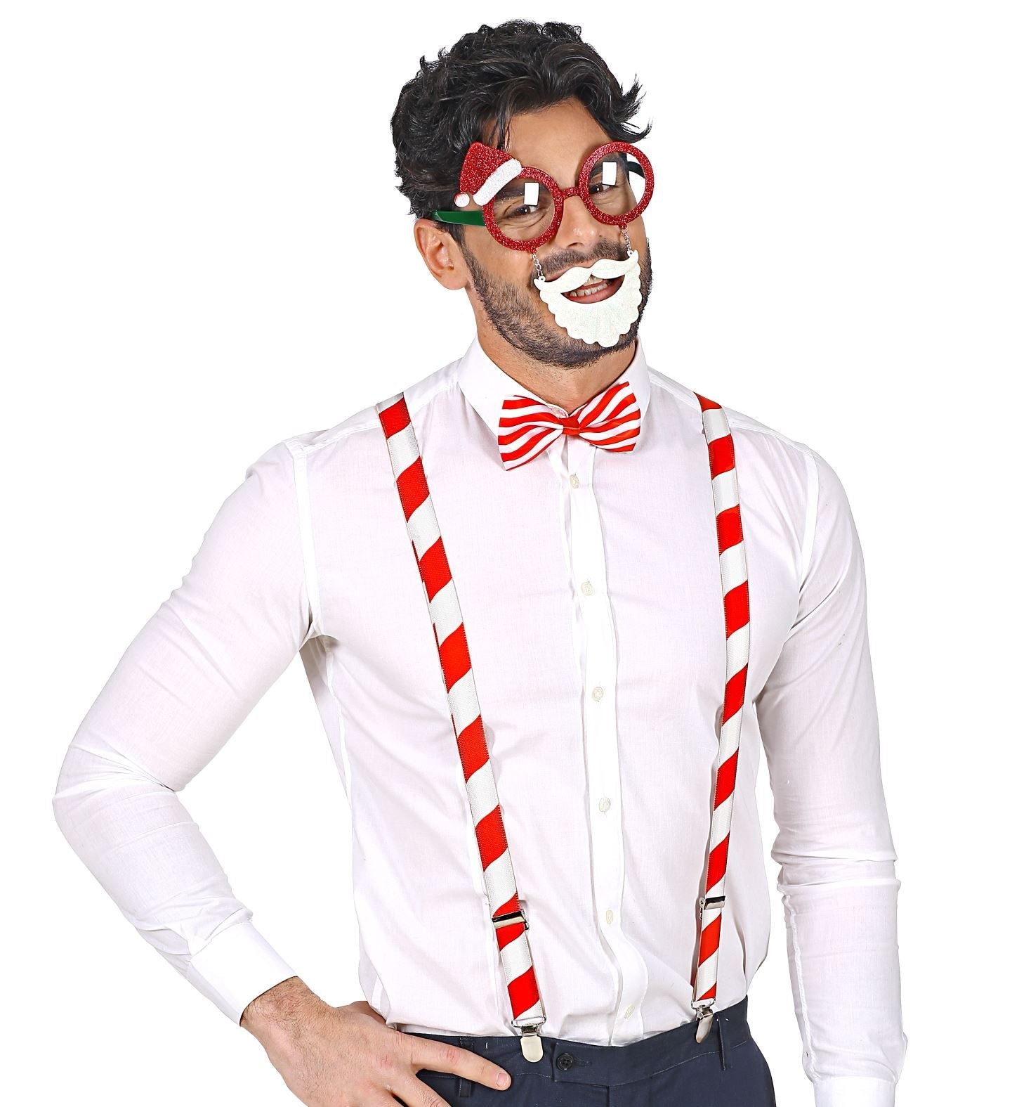 Weihnachtsmann-Set mit goldgerahmter Brille, roten Hosenträgern und Rentier-Fliege für Erwachsene