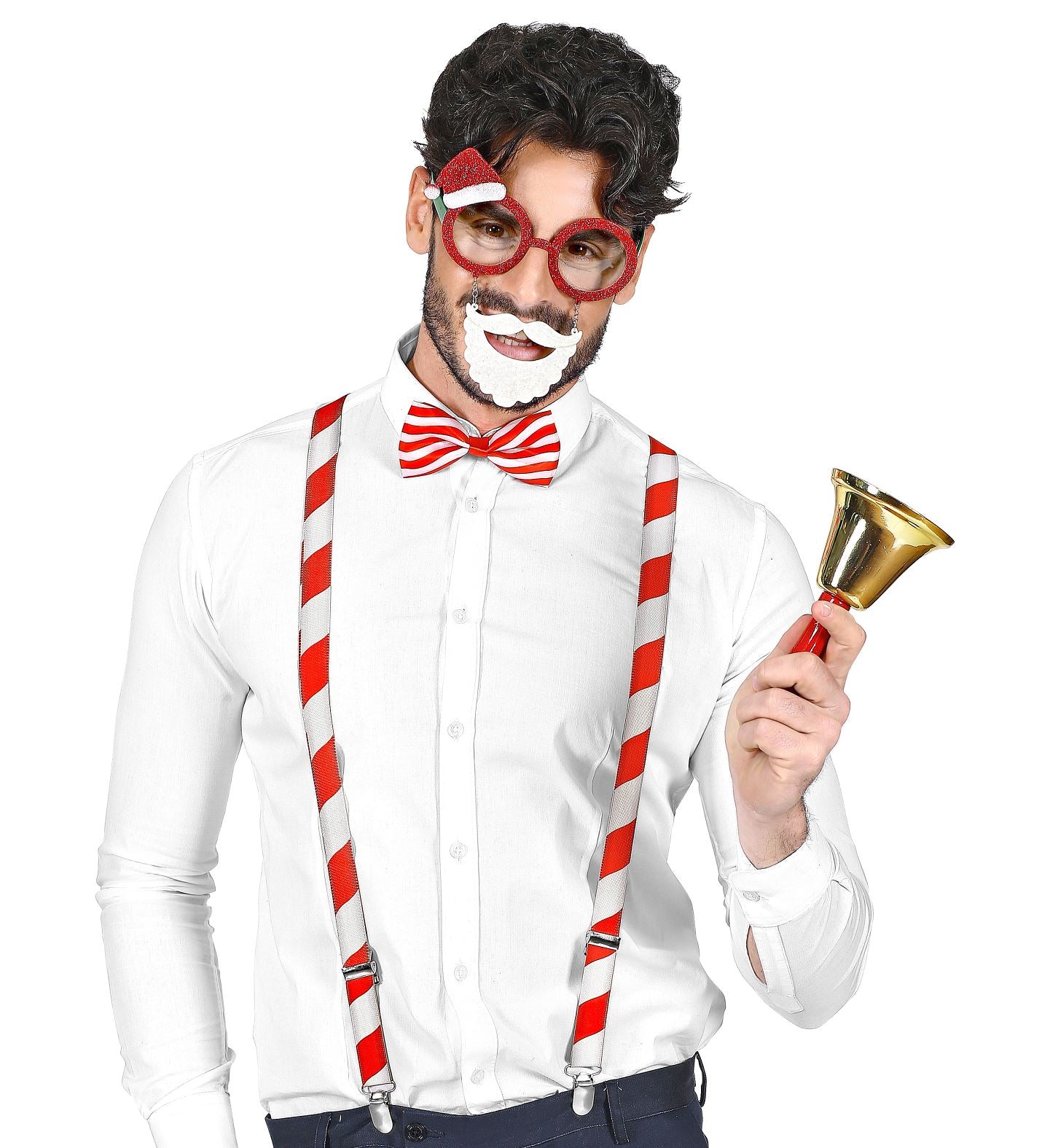 Widmann Weihnachtsmann Set mit Brille, Hosenträgern und Fliege in Rot und Gold.