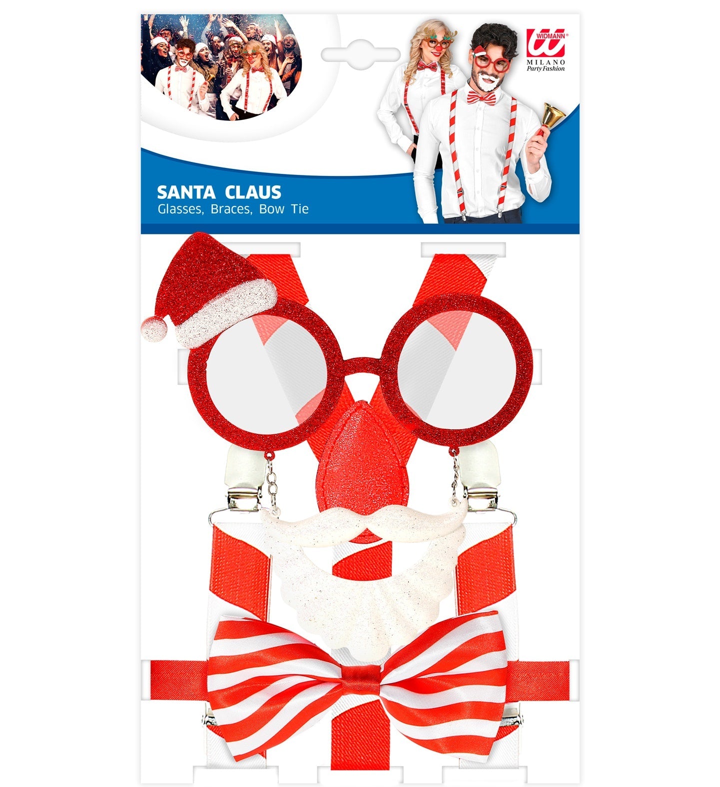 Widmann Weihnachtsmann Set mit Brille, Hosenträgern und Fliege in Rot und Gold.