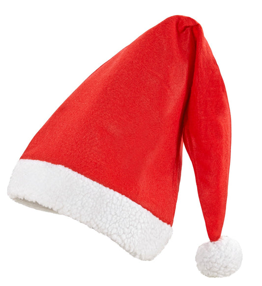 Extralange rote Weihnachtsmütze aus weichem Stoff mit weißem Bommel und Saum.