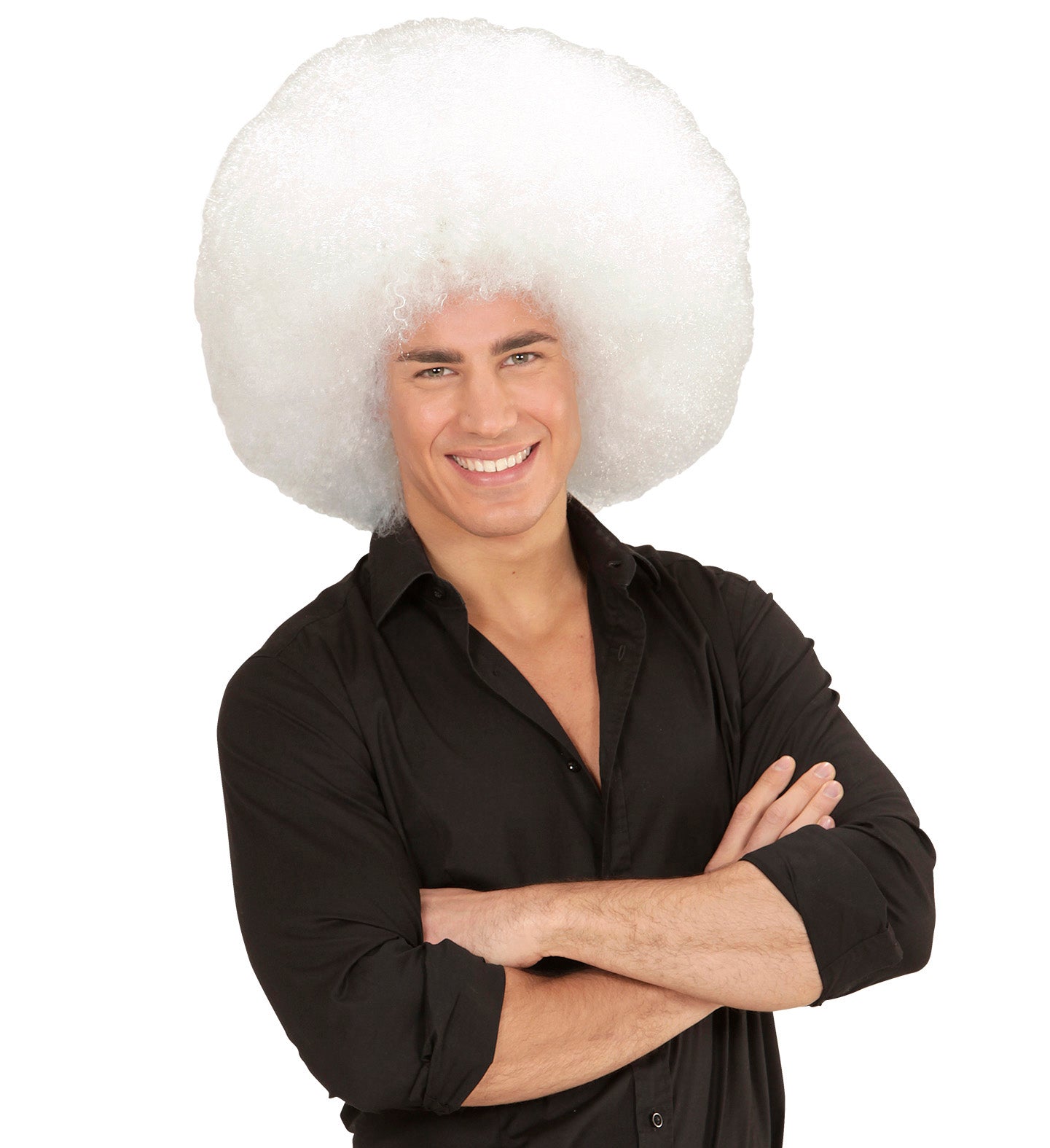 Voluminöse weiße Afro-Perücke mit lockigem Haar und elastischem Innenband für Karneval.