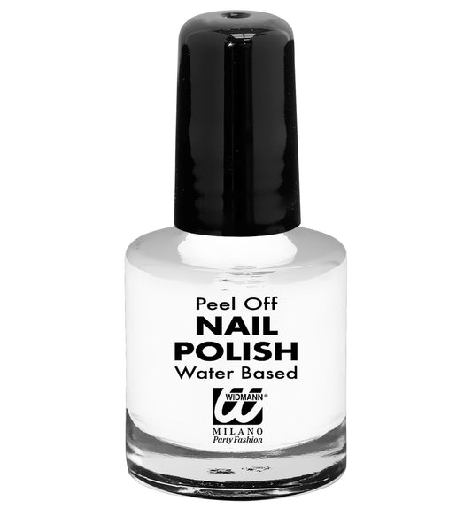 Weißer Peel-Off-Nagellack in einer Flasche mit Pinsel für einfache Anwendung und Entfernung.