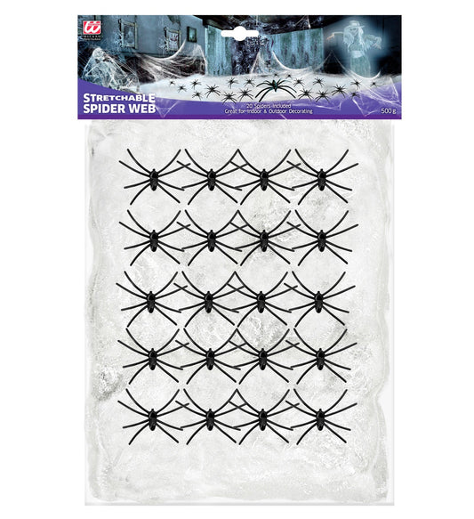 Widmann Weißes Spinnennetz 500g Mit 20 Schwarzen Spinnen – Halloween Dekoration - Fasnacht24.ch