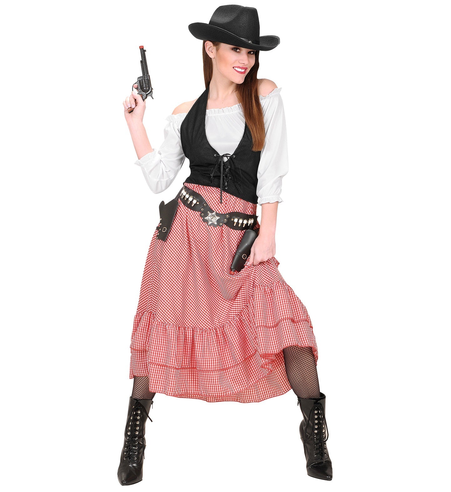 Western Cowgirl Kostüm mit weißer Bluse, schwarzem Korsett und gestreiftem Rock