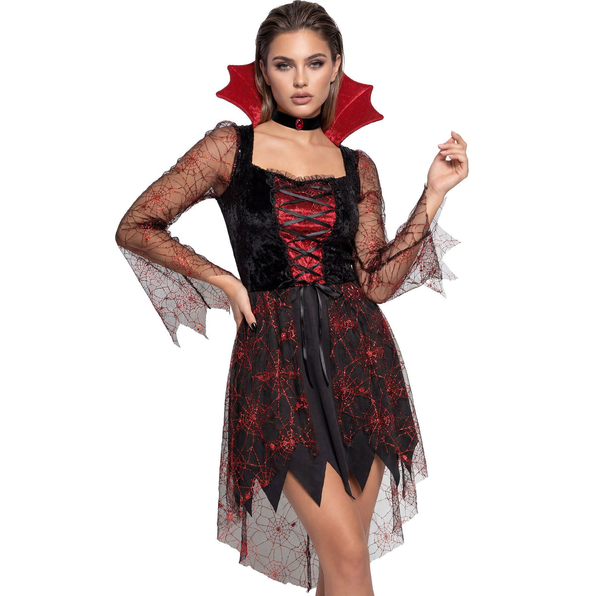 Spiderweb Vampiria Kostüm von Widmann mit Kleid und Kragen mit Edelstein – Produktansicht