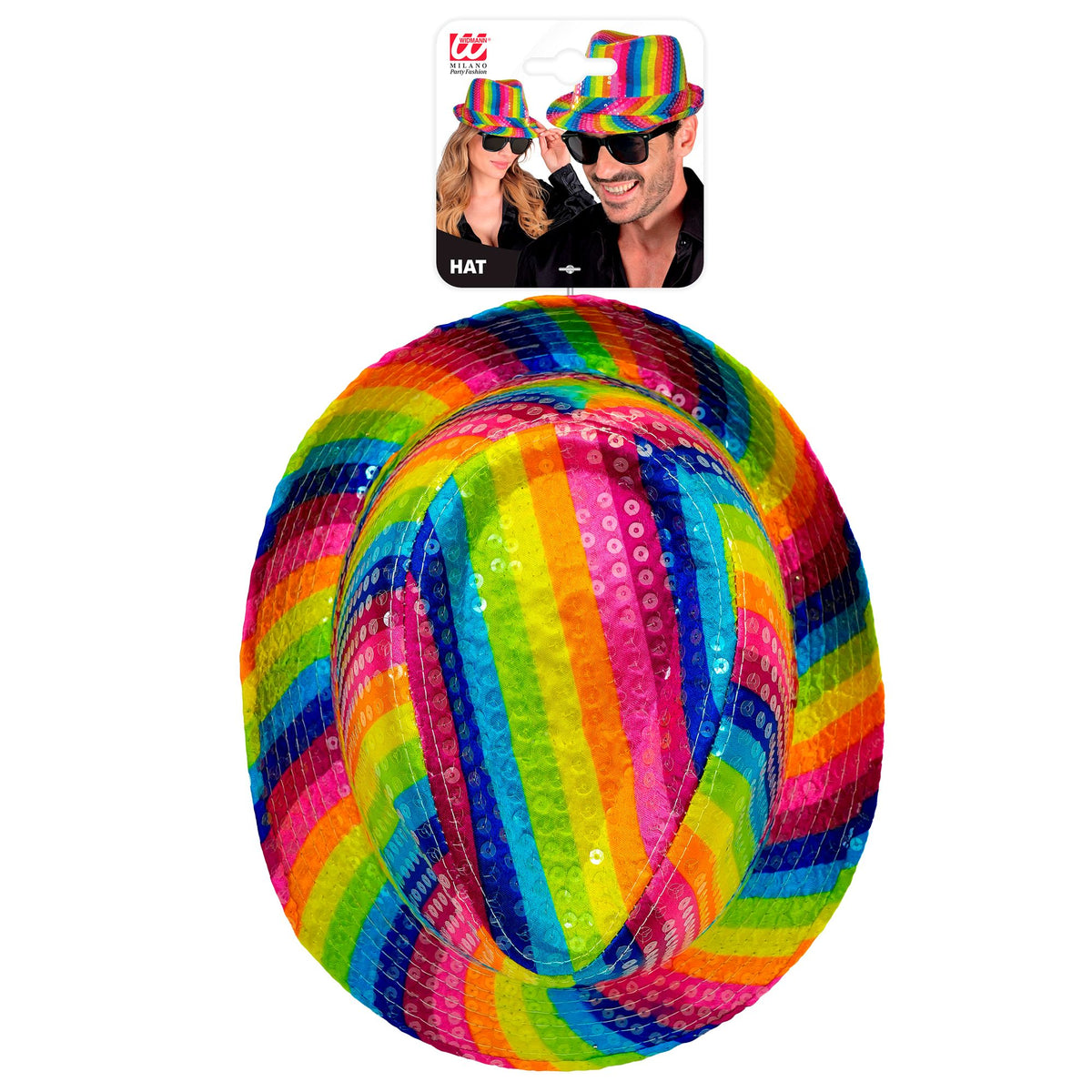 Widmann Regenbogen-Fedora mit Pailletten fuer Erwachsene – Detailansicht