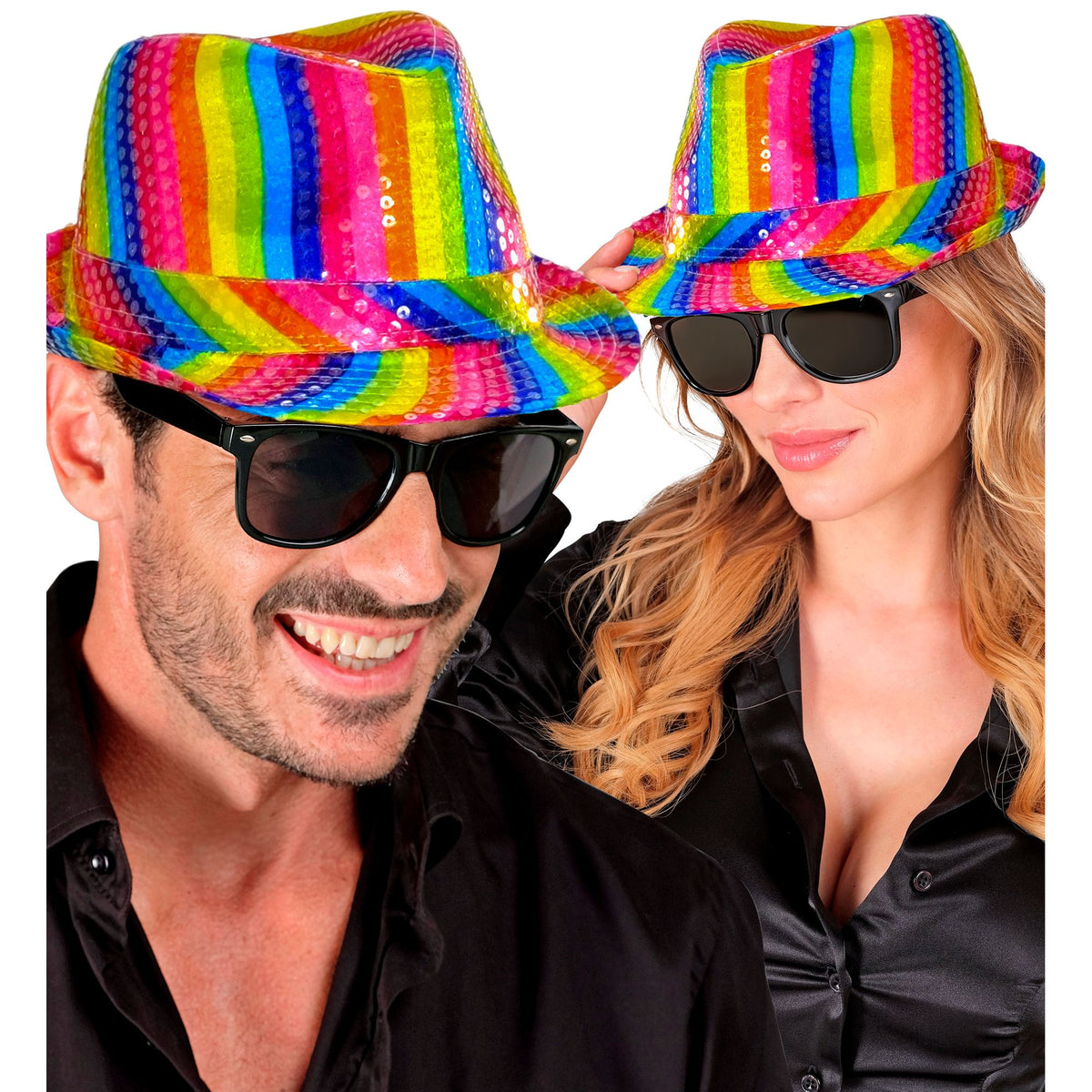 Widmann Regenbogen-Fedora mit Pailletten fuer Erwachsene – Seitenansicht