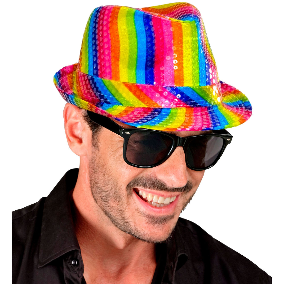 Widmann Regenbogen-Fedora mit Pailletten fuer Erwachsene – Rückansicht