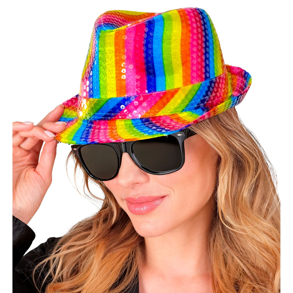 Widmann Regenbogen-Fedora mit Pailletten fuer Erwachsene – Verpackung